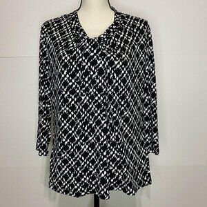 Jones New York Sz XL Geometric Print Long Sleeve Knot Neck Blouse Black White